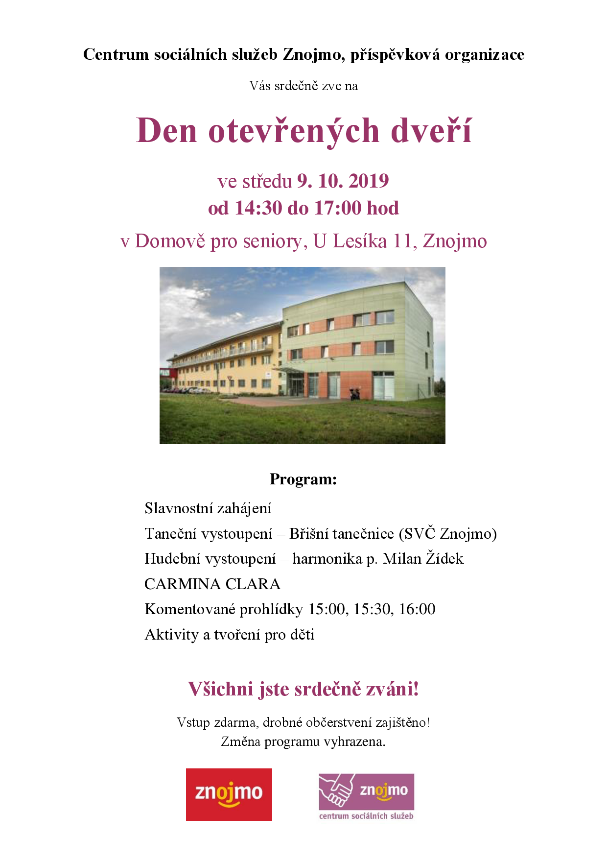 Den otevřených dveří 9.10.2019 od 14:30 do 17:00 hod.